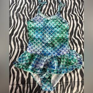 Girls Mermaid Scale One-Piece Ruffled Skirt Swimsuit in Teal & Blue 13/14 NWOT